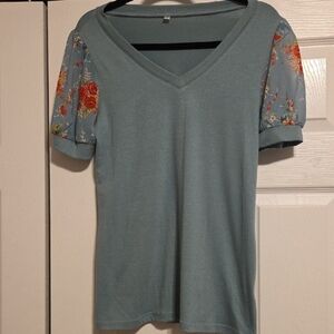 Floral Sleeve Blue Women's Top